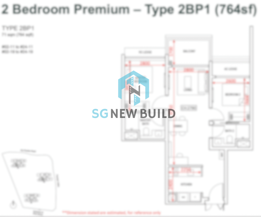 Pinetree Hill Floor Plan 2 Bedroom Premium 2BP1 (With Measurement)
