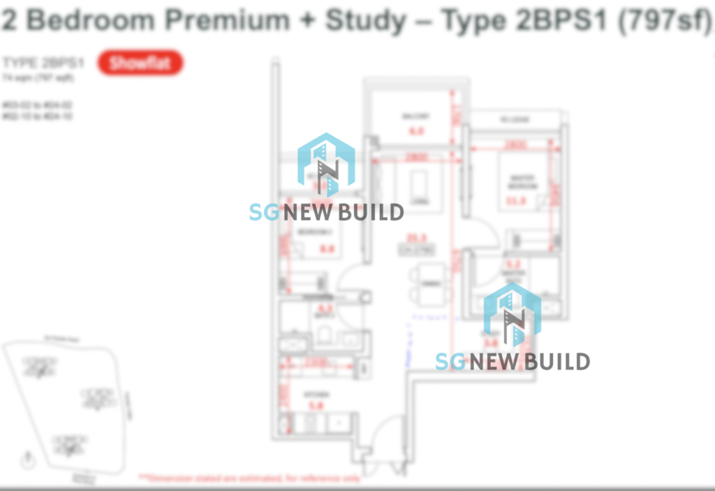 Pinetree Hill Floor Plan 2 Bedroom Premium + Study 2BPS1 (With measurement)
